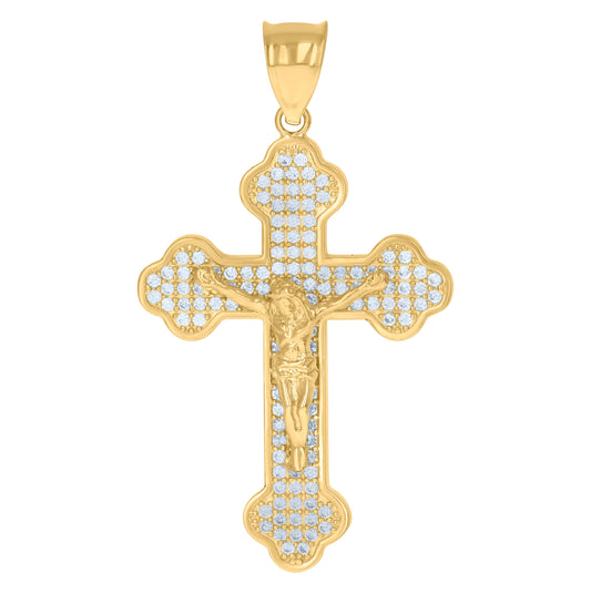 10K Yellow Gold Mens Cubic-Zirconia Religious Budded Cross Crucifix Charm Pendant