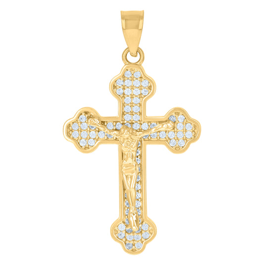 10K Yellow Gold Mens Cubic-Zirconia Religious Budded Cross Crucifix Charm Pendant