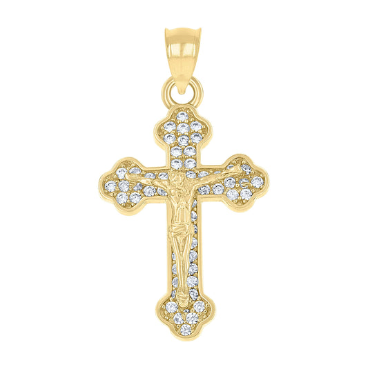 10K Yellow Gold Mens Cubic-Zirconia Religious Budded Cross Crucifix Charm Pendant