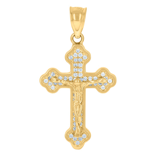10K Yellow Gold Mens Cubic-Zirconia Religious Budded Cross Crucifix Charm Pendant