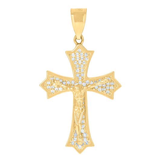 10K Yellow Gold Mens Cubic-Zirconia Religious Fleur De Lis Crucifix Cross Charm Pendant