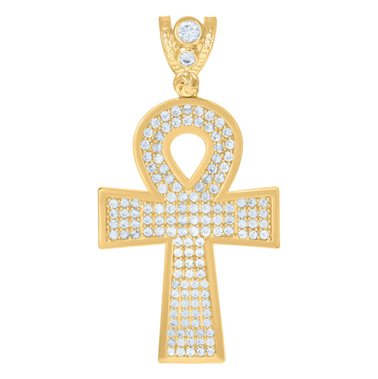 10K Yellow Gold Mens Cubic-Zirconia Religious Ankh Cross Egyptian Charm Pendant