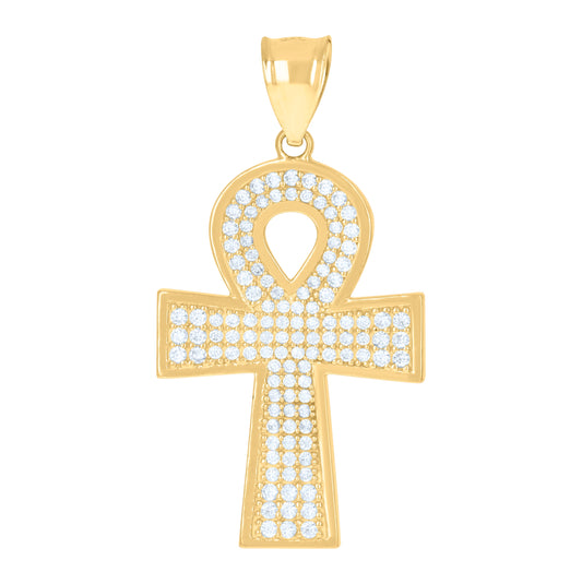 10K Yellow Gold Mens Cubic-Zirconia Religious Ankh Cross Egyptian Charm Pendant