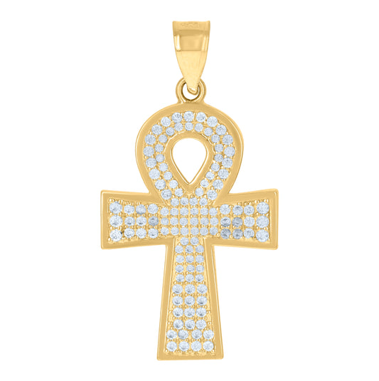 10K Yellow Gold Mens Cubic-Zirconia Religious Ankh Cross Egyptian Charm Pendant