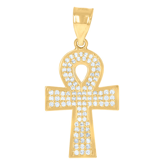 10K Yellow Gold Mens Cubic-Zirconia Religious Ankh Cross Egyptian Charm Pendant