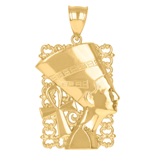 10K Yellow Gold Mens Egyptian Nefertiti Ankh Charm Pendant