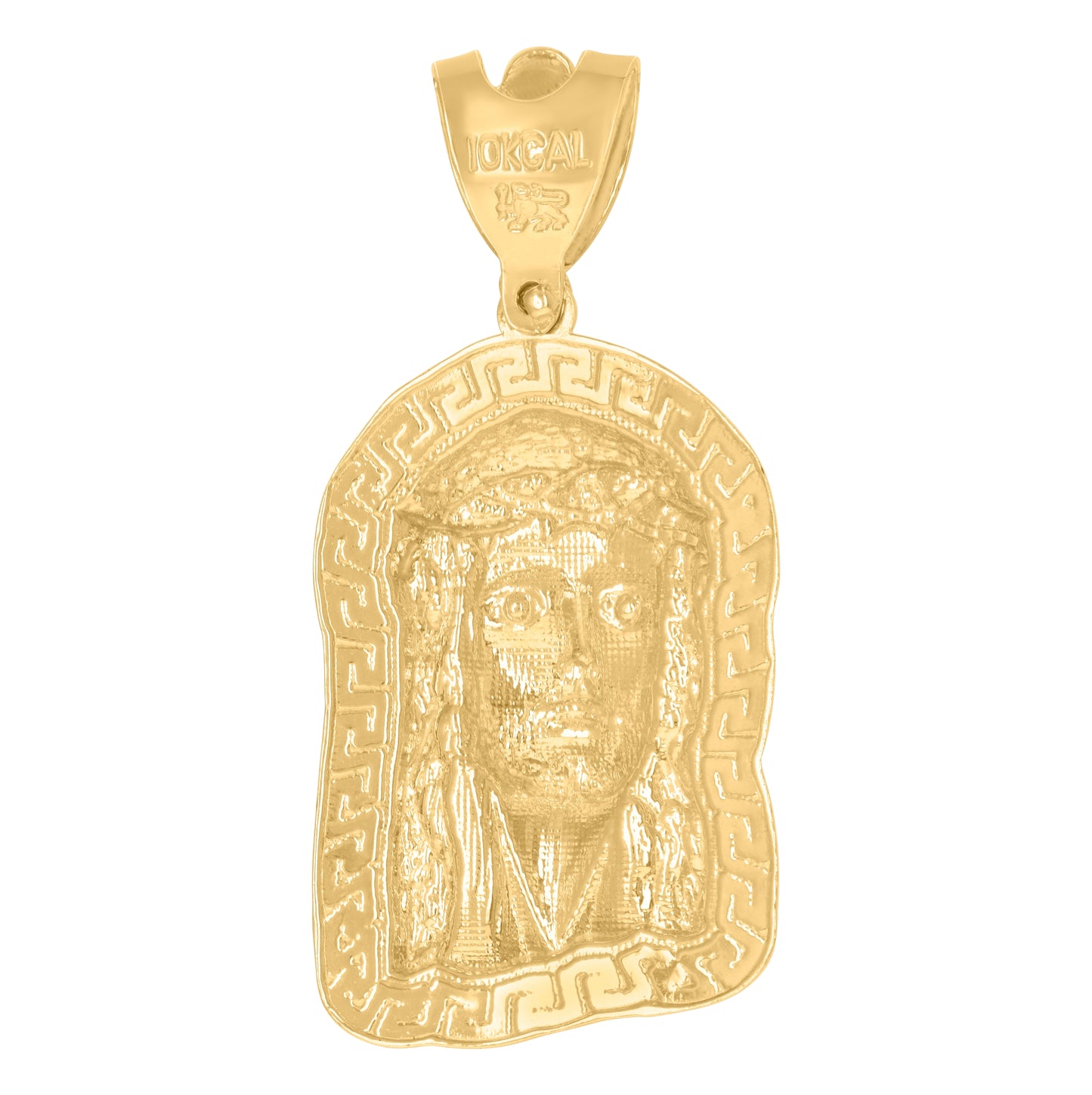 10K Yellow Gold Mens Greek Key Border Jesus Religious Charm Pendant