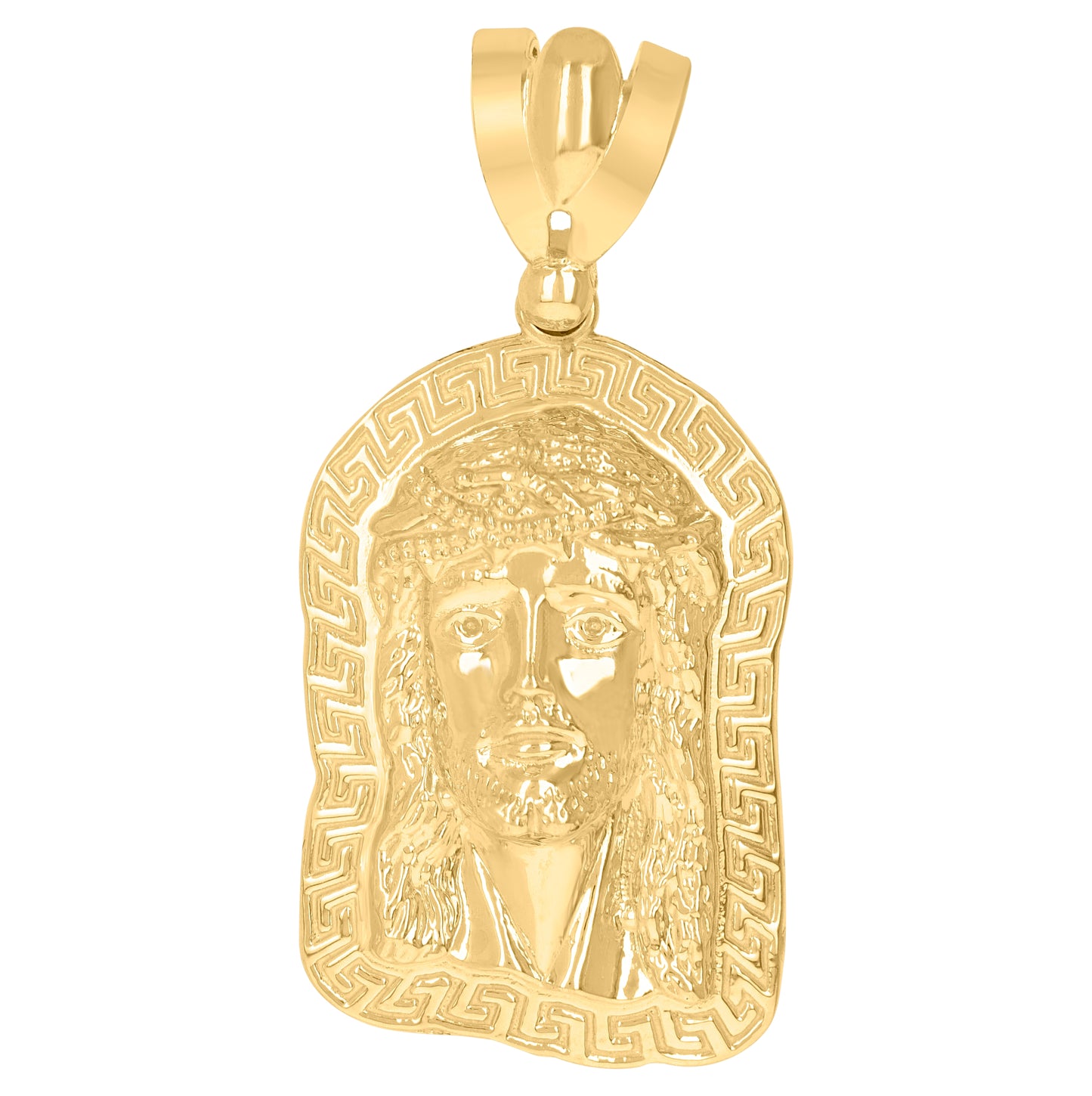 10K Yellow Gold Mens Greek Key Border Jesus Religious Charm Pendant