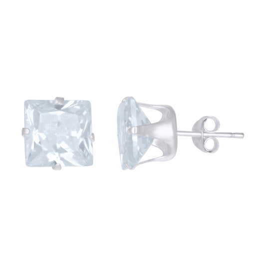 Sterling Silver Unisex Princess-Cut Cubic-Zirconia Stud Earrings