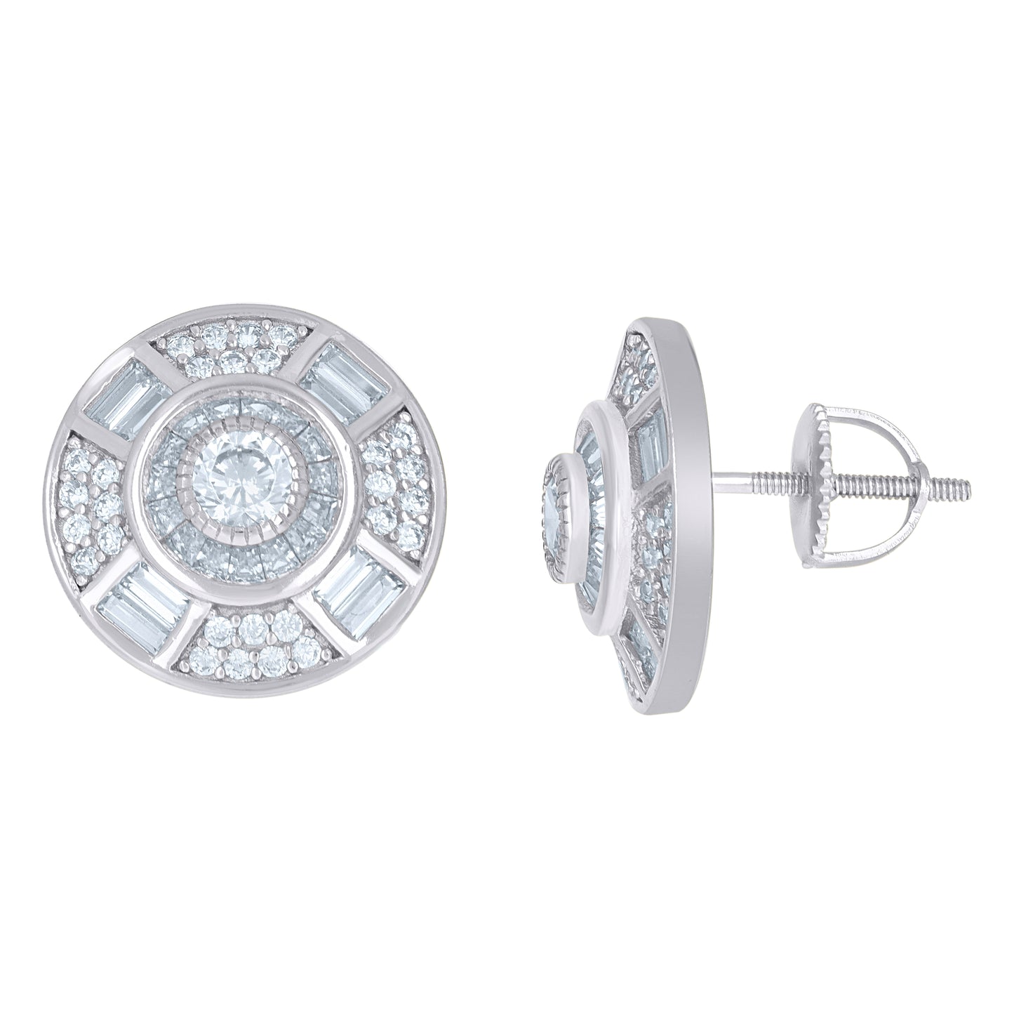 Sterling Silver Or Yellow-Tone Mens Baguette Cubic-Zirconia Round Fashion Stud Earrings
