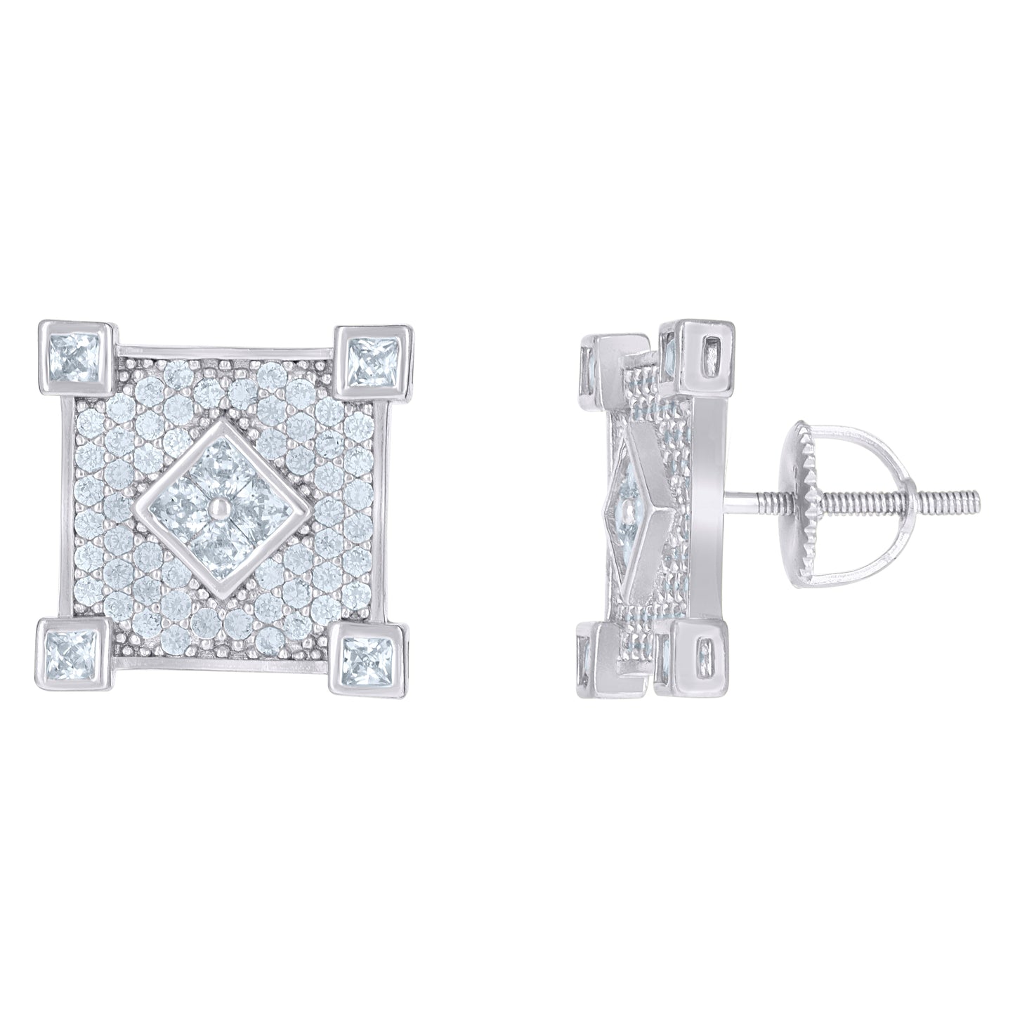 Sterling Silver Or Yellow-Tone Mens Princess-Cut Cubic-Zirconia Square Fashion Stud Earrings