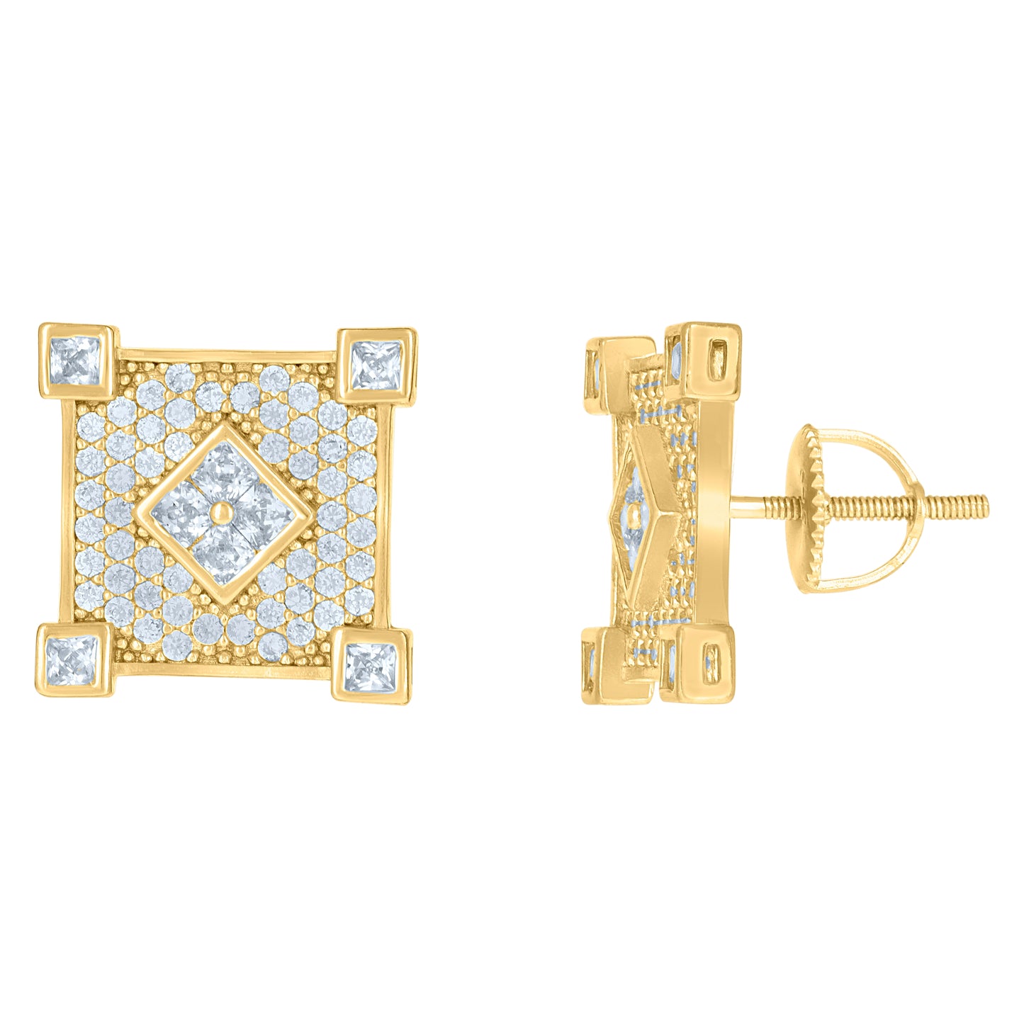 Sterling Silver Or Yellow-Tone Mens Princess-Cut Cubic-Zirconia Square Fashion Stud Earrings