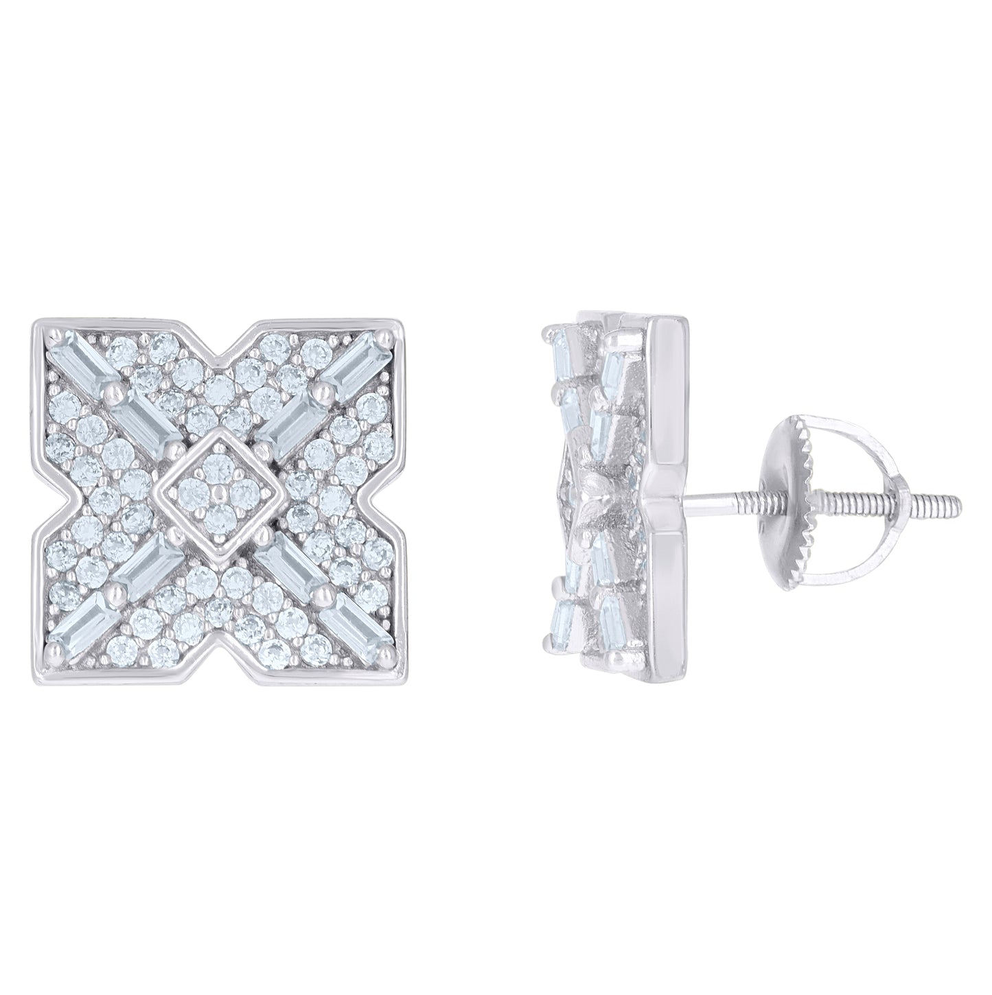 Sterling Silver Or Yellow-Tone Mens Baguette Cubic-Zirconia X Design Fashion Stud Earrings