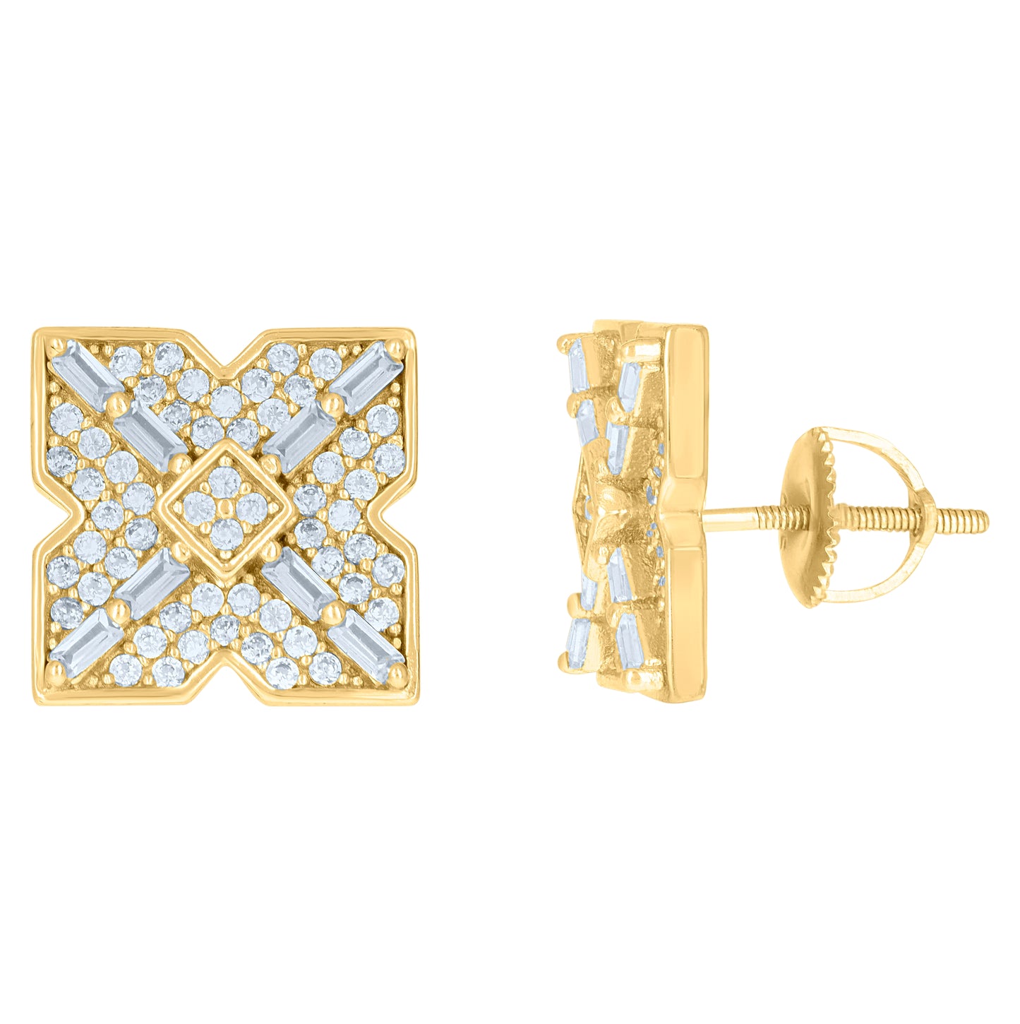 Sterling Silver Or Yellow-Tone Mens Baguette Cubic-Zirconia X Design Fashion Stud Earrings