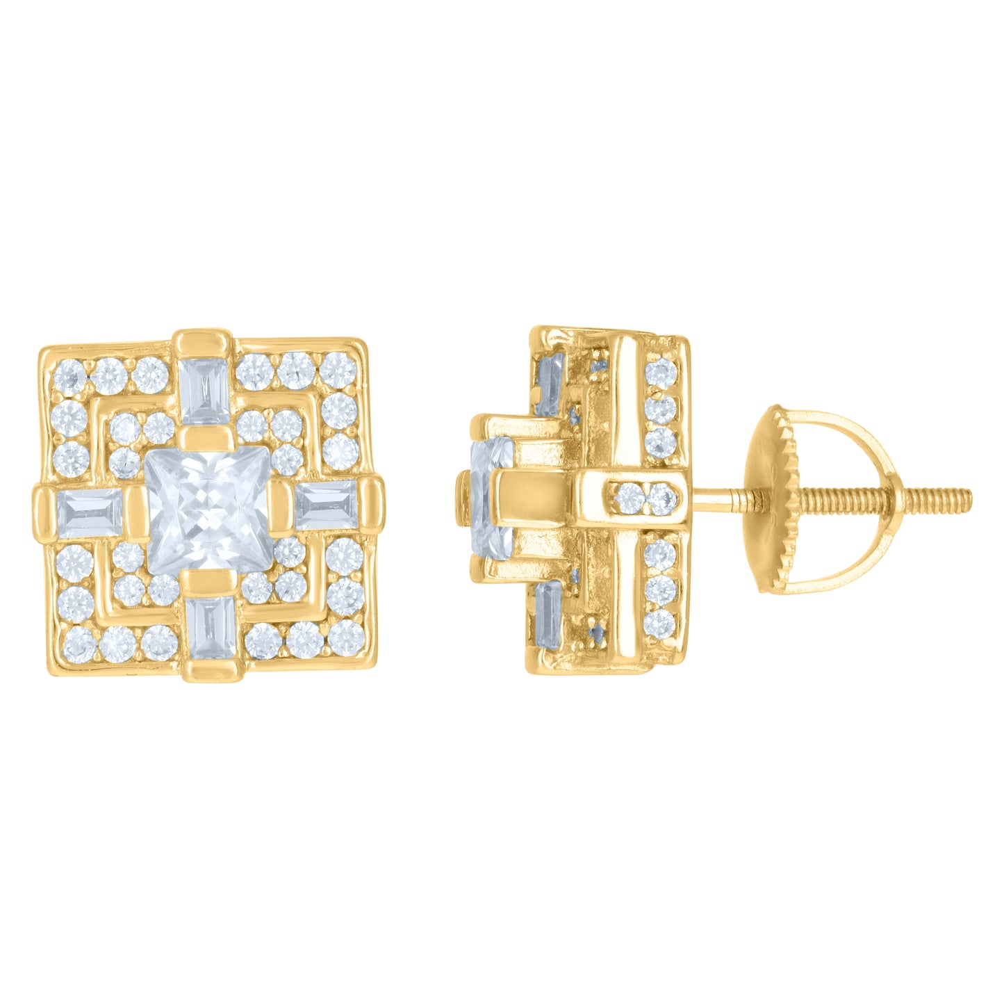 Sterling Silver Or Yellow-Tone Mens Princess-Cut Cubic-Zirconia Square Fashion Stud Earrings