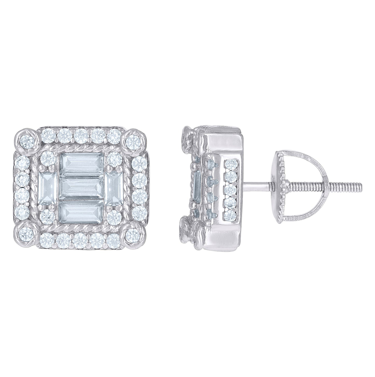 Sterling Silver Or Yellow-Tone Mens Baguette Cubic-Zirconia Square Fashion Stud Earrings