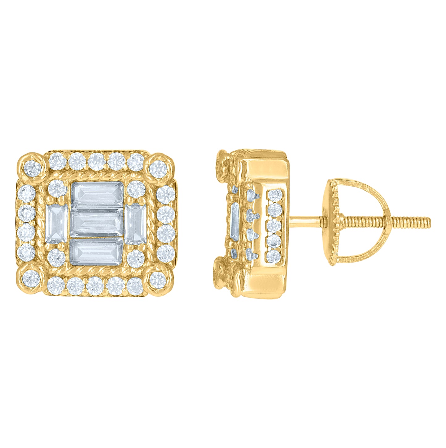 Sterling Silver Or Yellow-Tone Mens Baguette Cubic-Zirconia Square Fashion Stud Earrings