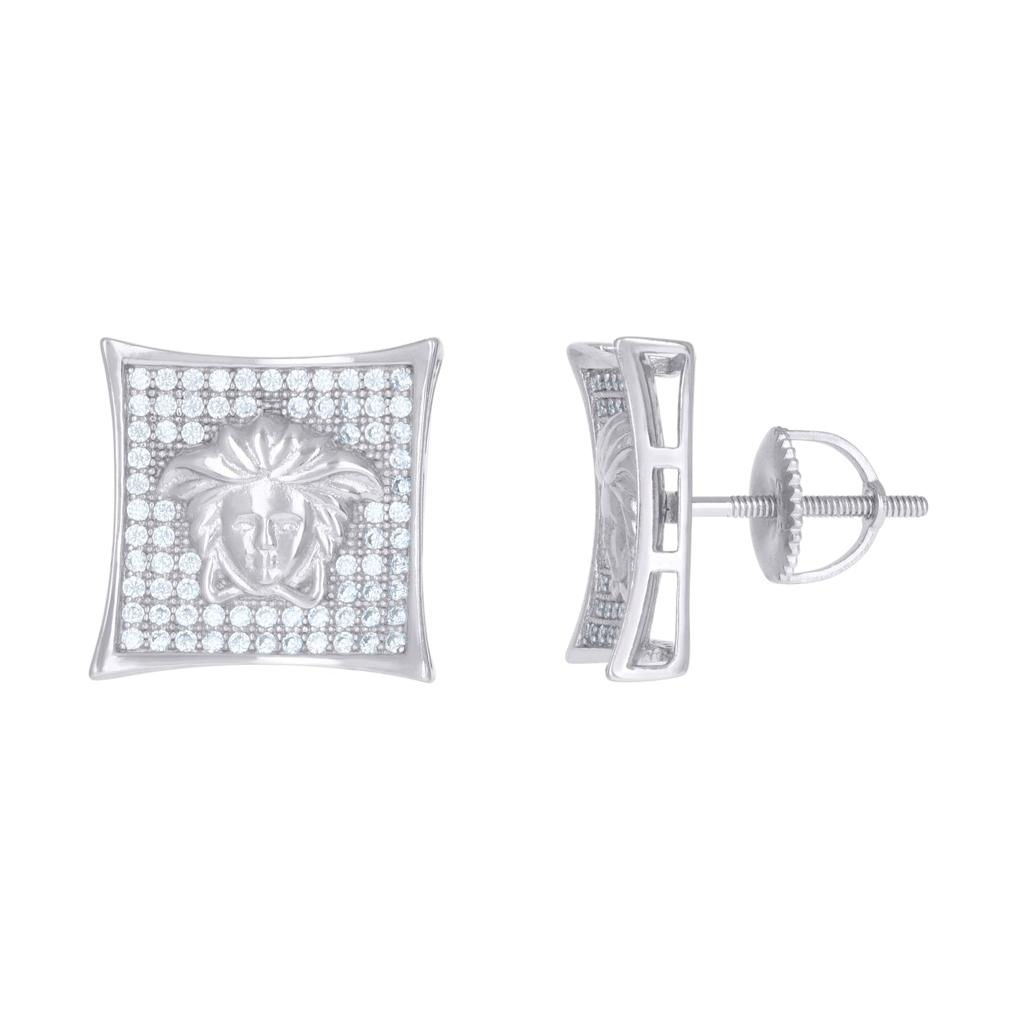 Sterling Silver Or Yellow-Tone Mens Cubic-Zirconia Square Medusa Egyptian Stud Earrings
