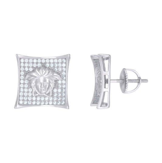 Sterling Silver Or Yellow-Tone Mens Cubic-Zirconia Square Medusa Egyptian Stud Earrings