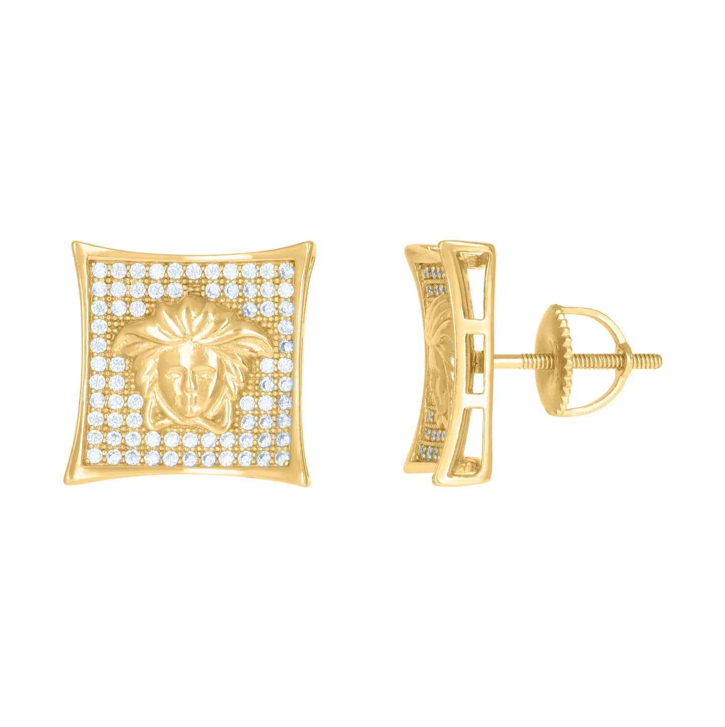 Sterling Silver Or Yellow-Tone Mens Cubic-Zirconia Square Medusa Egyptian Stud Earrings