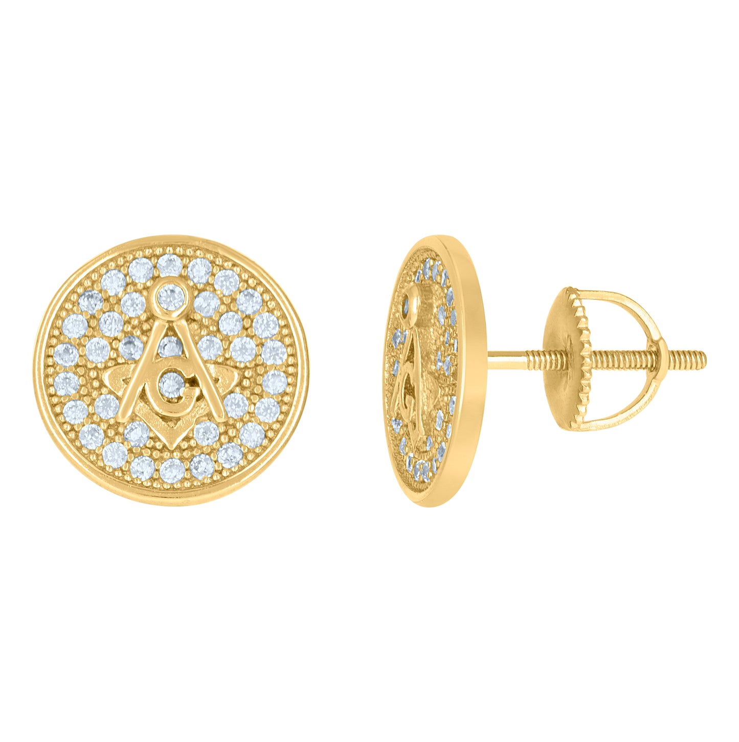 Sterling Silver Or Yellow-Tone Mens Cubic-Zirconia Masonic Stud Earrings