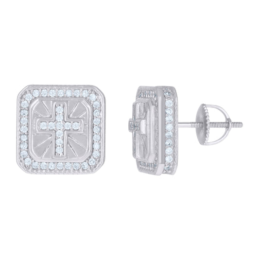 Sterling Silver Or Yellow-Tone Mens Cubic-Zirconia Square Cross Religious Stud Earrings