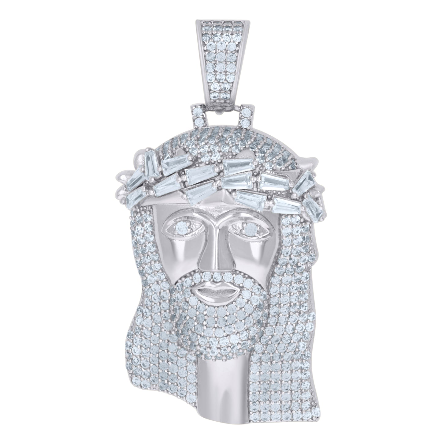 Sterling Silver Mens Baguette Cubic-Zirconia Jesus Religious Charm Pendant