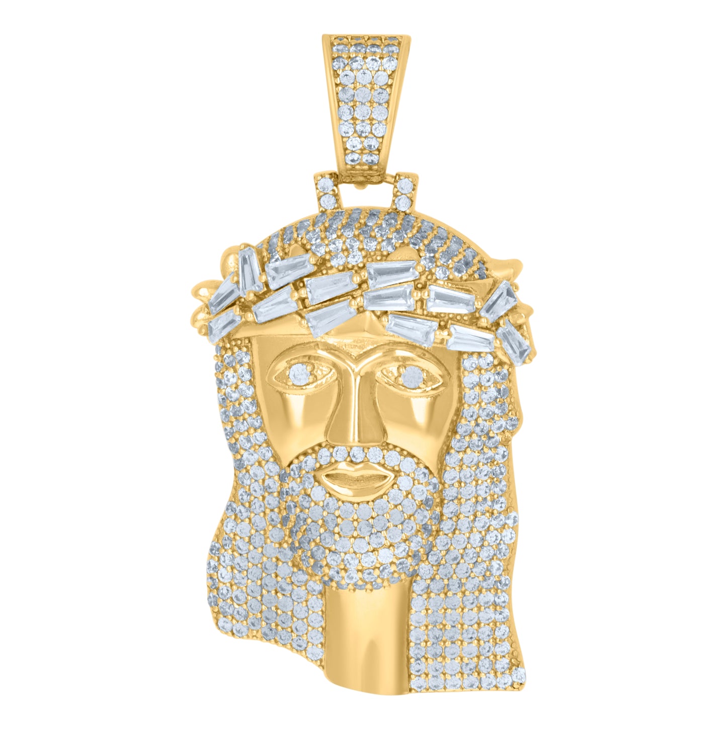 Sterling Silver Mens Baguette Cubic-Zirconia Jesus Religious Charm Pendant