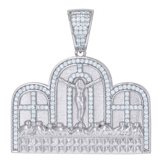 Sterling Silver Mens Cubic-Zirconia Crucifix Last Supper Religious Charm Pendant