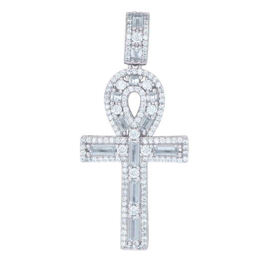 Sterling Silver Mens Baguette Cubic-Zirconia Egyptian Ankh Religious Charm Pendant