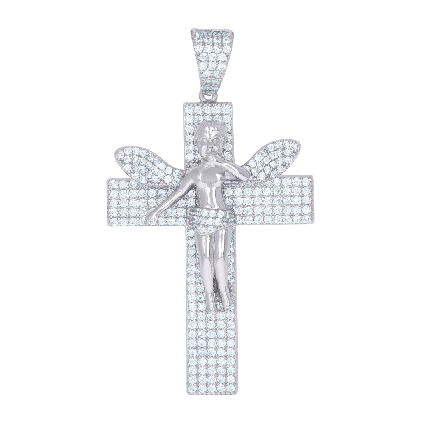 Sterling Silver Mens Cubic-Zirconia Cross Angel Religious Charm Pendant