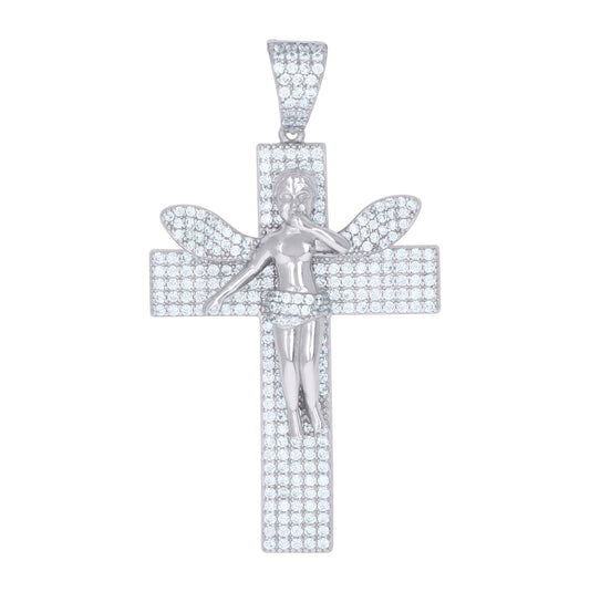 Sterling Silver Mens Cubic-Zirconia Cross Angel Religious Charm Pendant