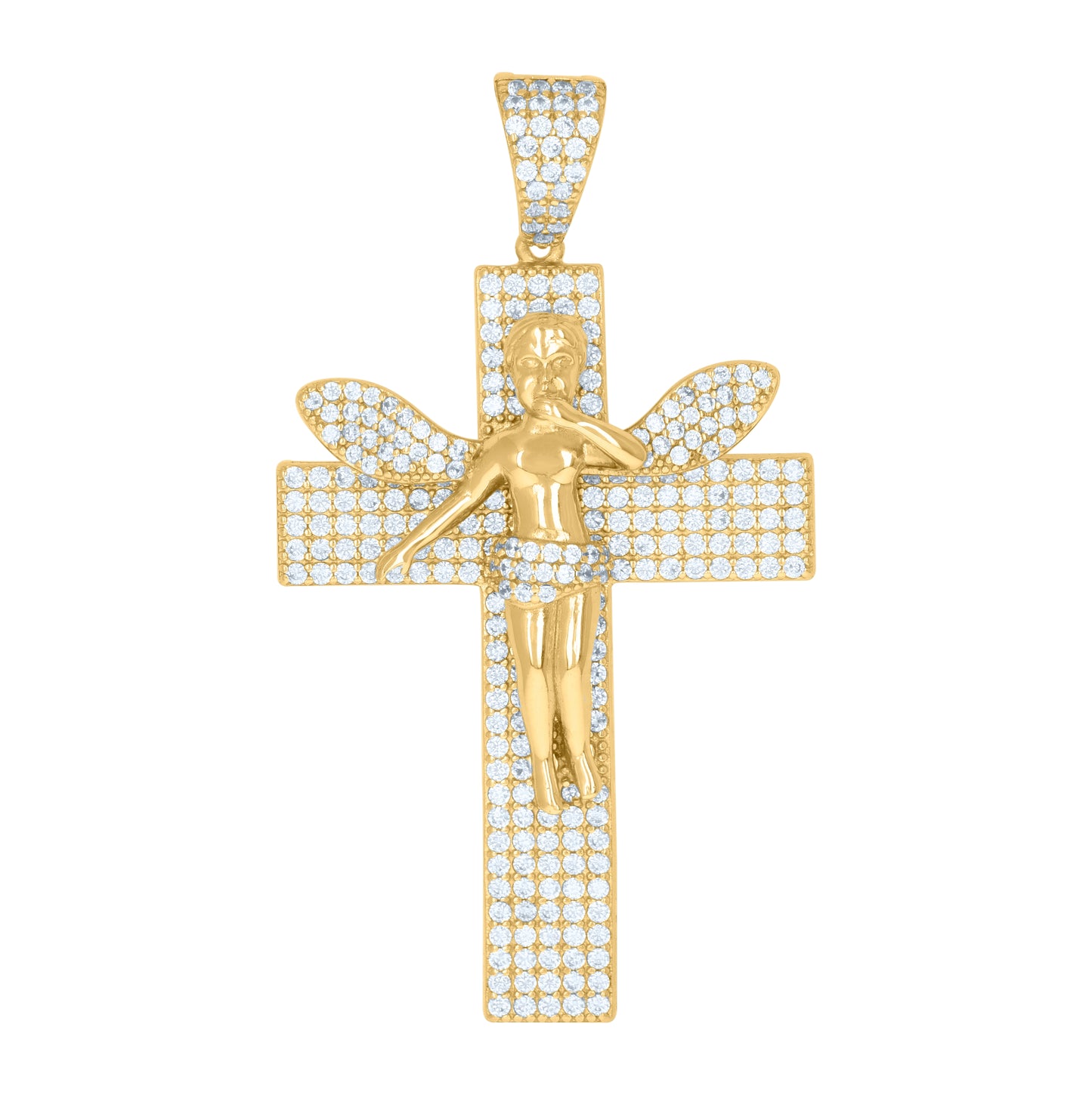Sterling Silver Mens Cubic-Zirconia Cross Angel Religious Charm Pendant