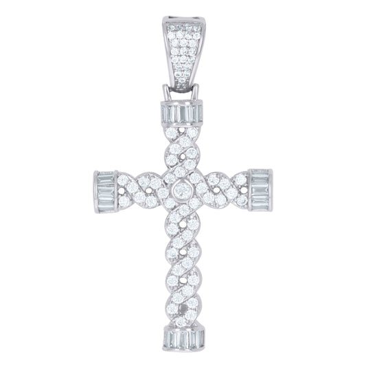 Sterling Silver Mens Cubic-Zirconia Twisted Cross Religious Charm Pendant