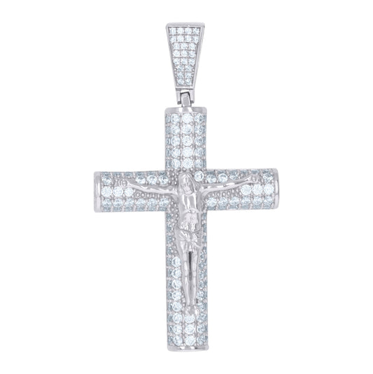 Sterling Silver Mens Cubic-Zirconia Crucifix Cross Religious Charm Pendant