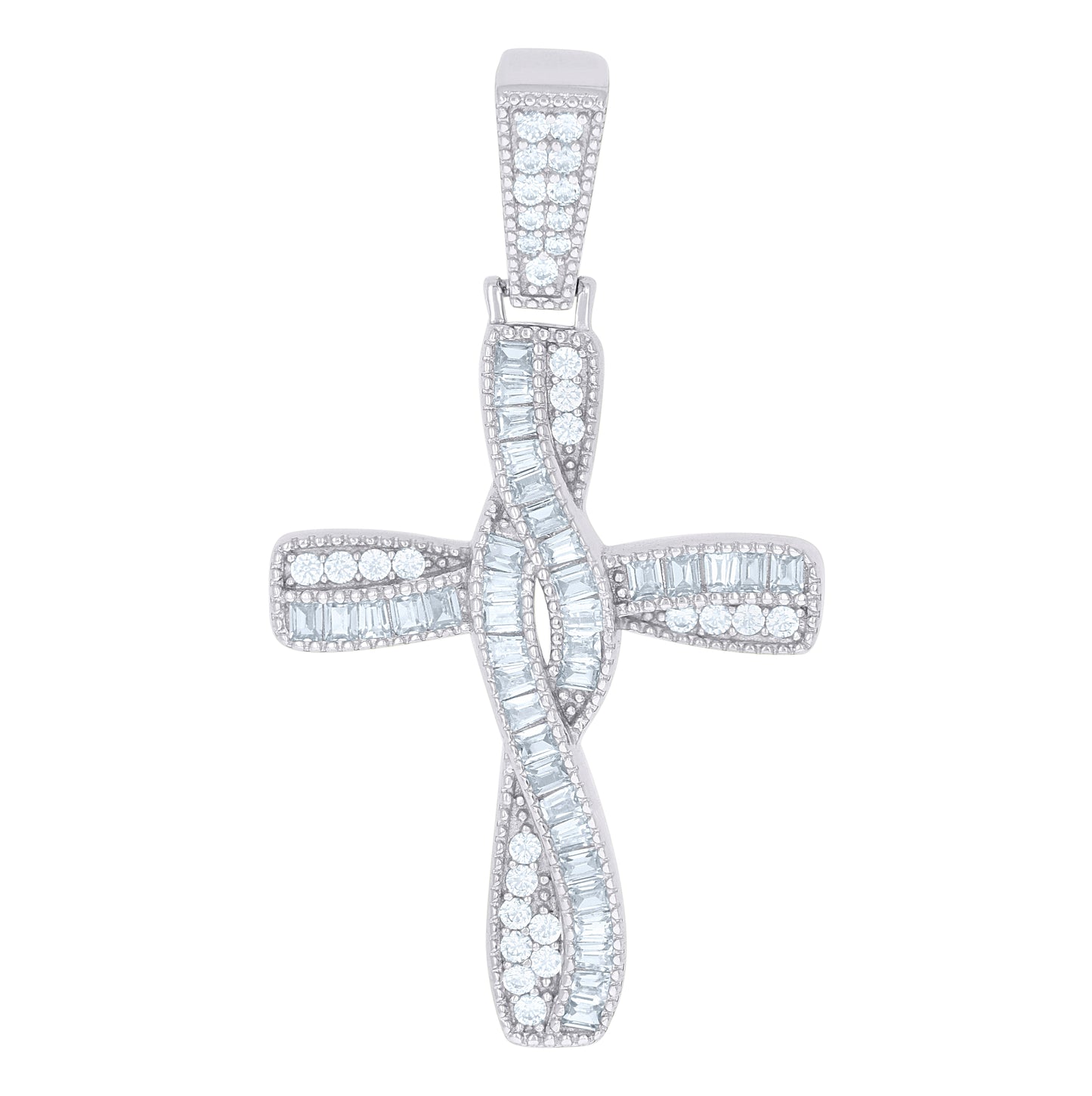 Sterling Silver Mens Baguette Cubic-Zirconia Twisted Cross Religious Charm Pendant