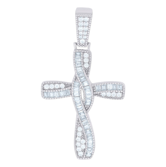Sterling Silver Mens Baguette Cubic-Zirconia Twisted Cross Religious Charm Pendant
