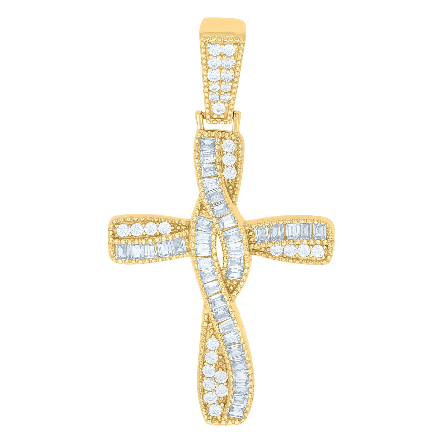 Sterling Silver Mens Baguette Cubic-Zirconia Twisted Cross Religious Charm Pendant