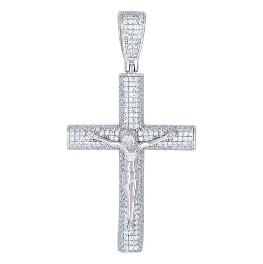 Sterling Silver Mens Cubic-Zirconia Crucifix Cross Religious Charm Pendant