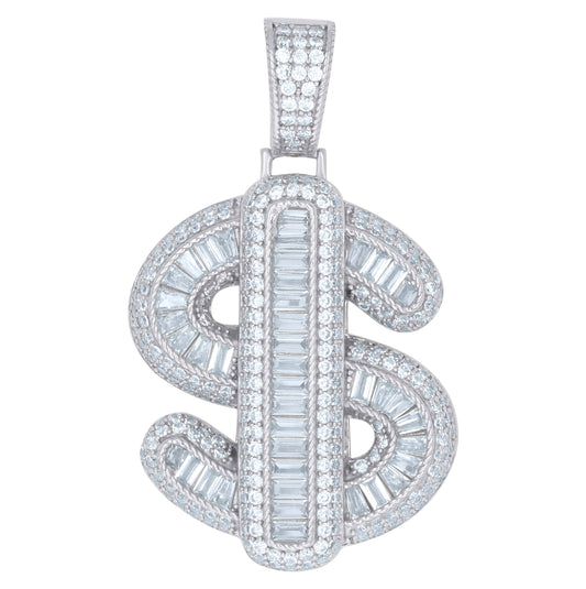 Sterling Silver Mens Baguette Cubic-Zirconia Dollar Symbol Symbols Charm Pendant
