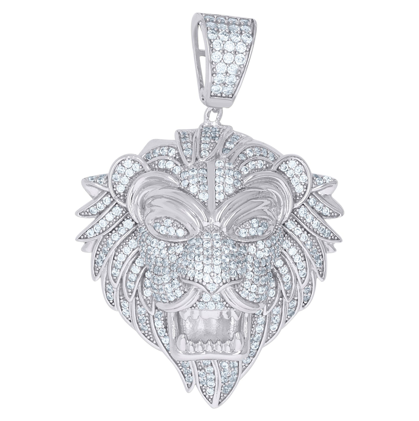 Sterling Silver Mens Baguette Cubic-Zirconia Lion Animal Wildlife Charm Pendant