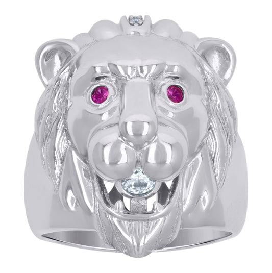 Sterling Silver Mens Pink Cubic-Zirconia Leo/Lion Animal Zodiac Sign/Wildlife Bridal Anniversary Wedding Engagement Band Ring