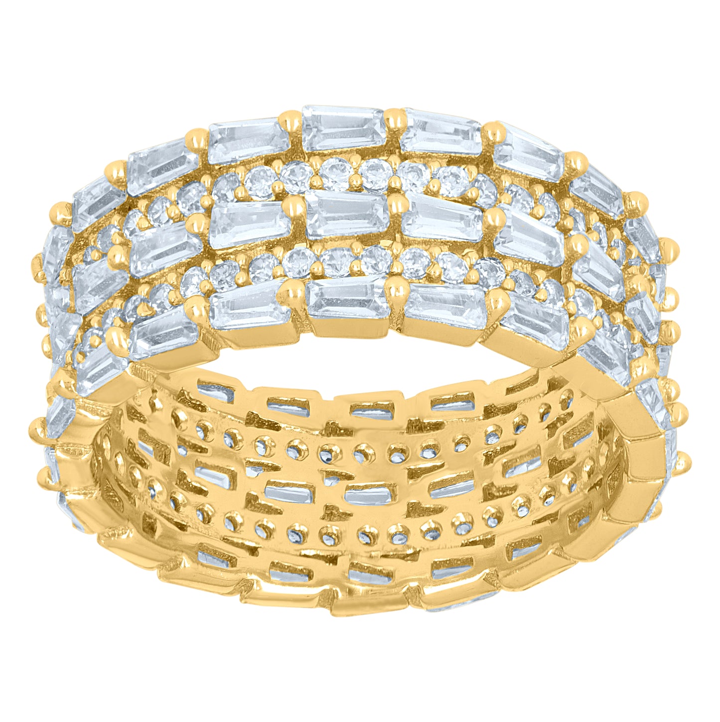 Sterling Silver Yellow-Tone Women's Baguette Cubic-Zirconia Fashion Bridal Anniversary Wedding Engagement Band Ring Sizes 6 To 9