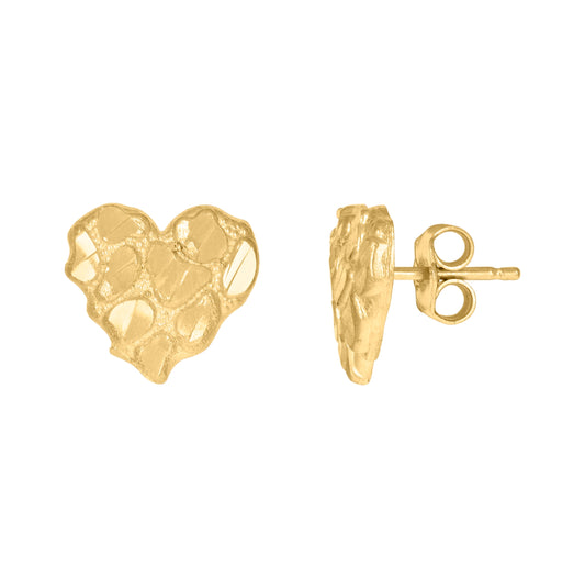 10K Yellow Gold Womens Nugget Heart Stud Earrings