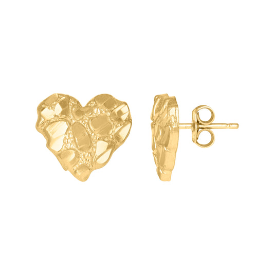 10K Yellow Gold Womens Nugget Heart Stud Earrings