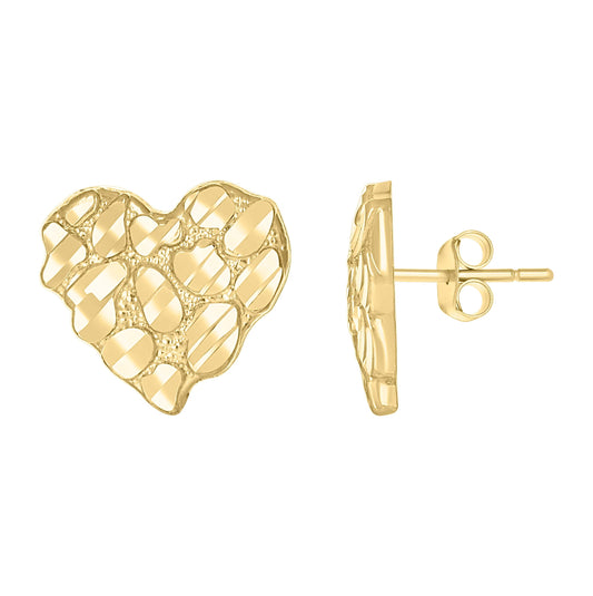 10K Yellow Gold Womens Nugget Heart Stud Earrings