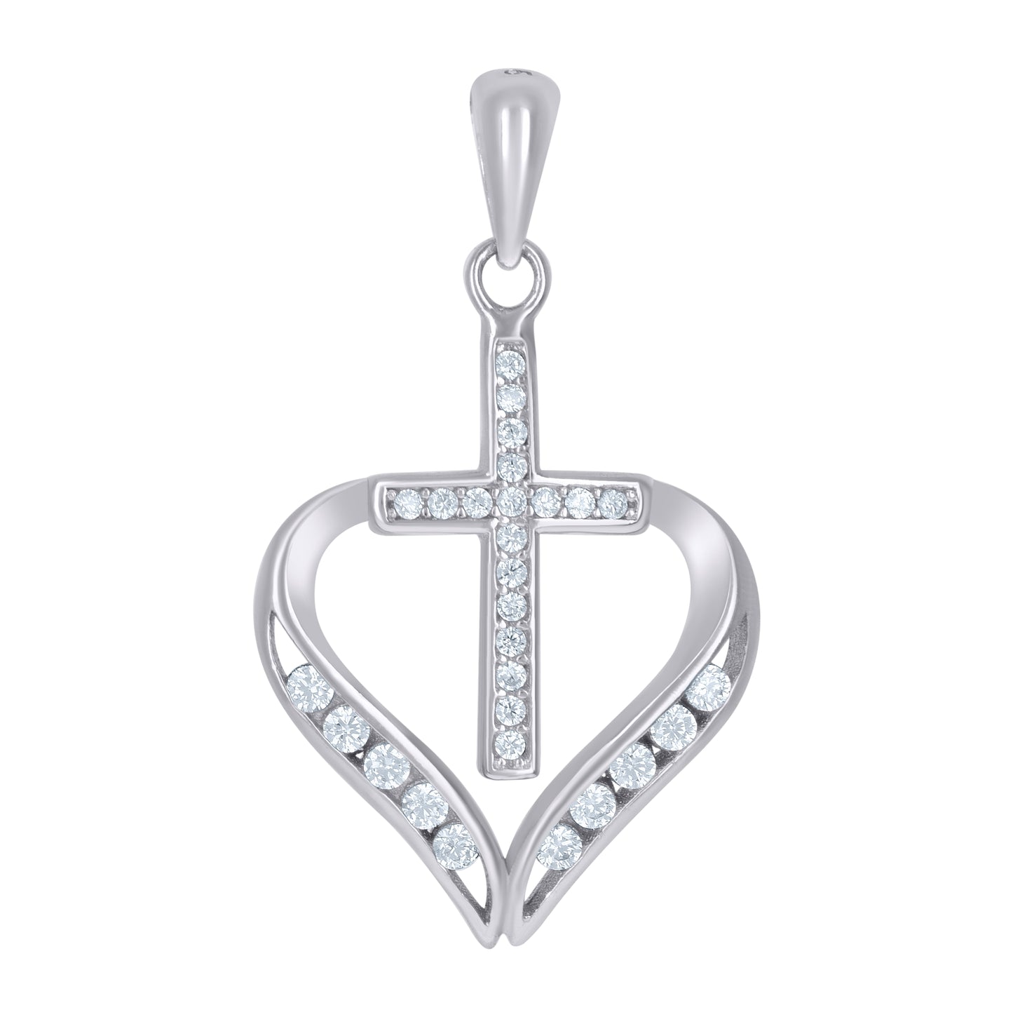 Sterling Silver Womens Cubic-Zirconia Cross Heart Charm Pendant