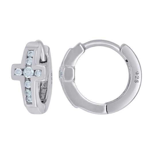 Sterling Silver Womens Cubic-Zirconia Cross Hoop Huggies Earrings
