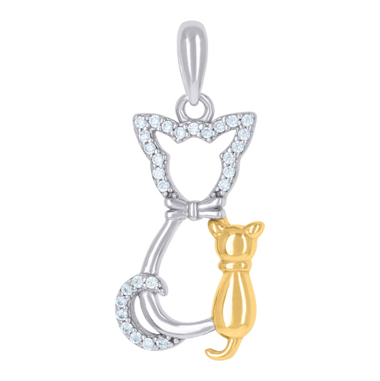 Sterling Silver Yellow-Tone Womens Cubic-Zirconia Mom Baby Cat Charm Pendant