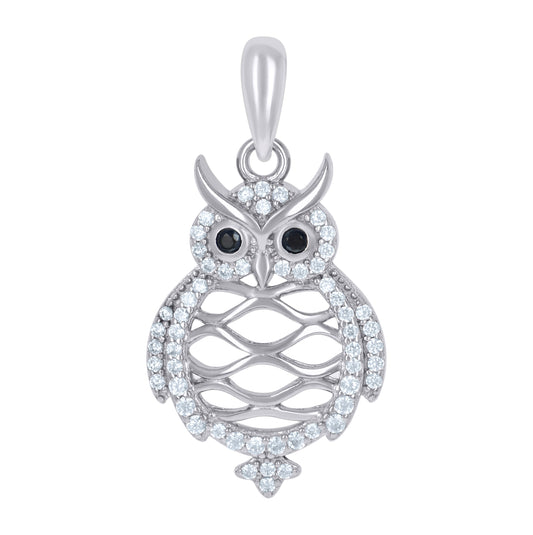 Sterling Silver Womens Black White Cubic-Zirconia Owl Bird Wildlife Charm Pendant